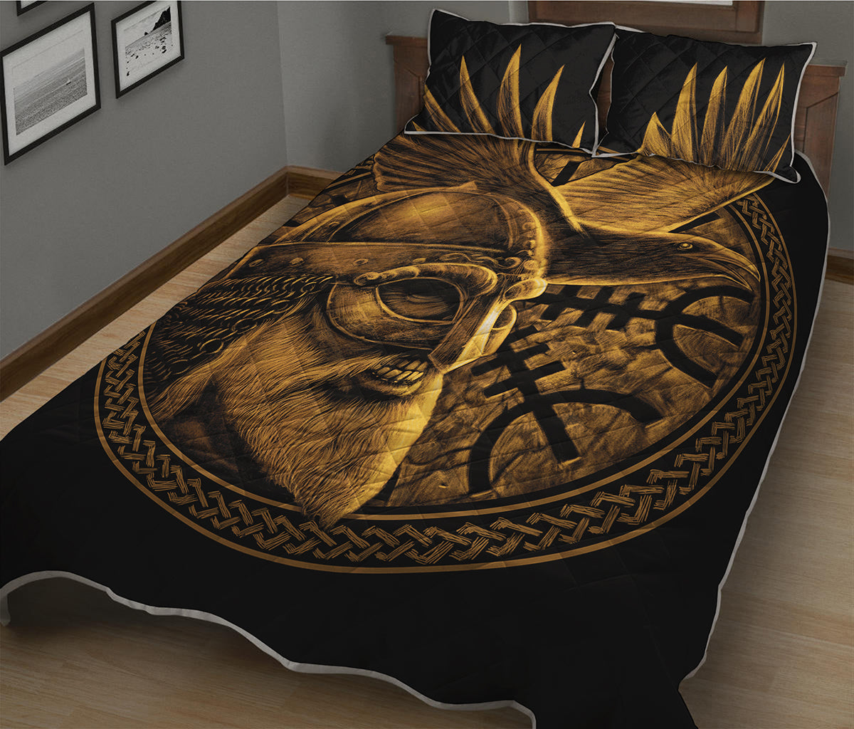 Gold Viking God Odin And Crow Print Quilt Bed Set