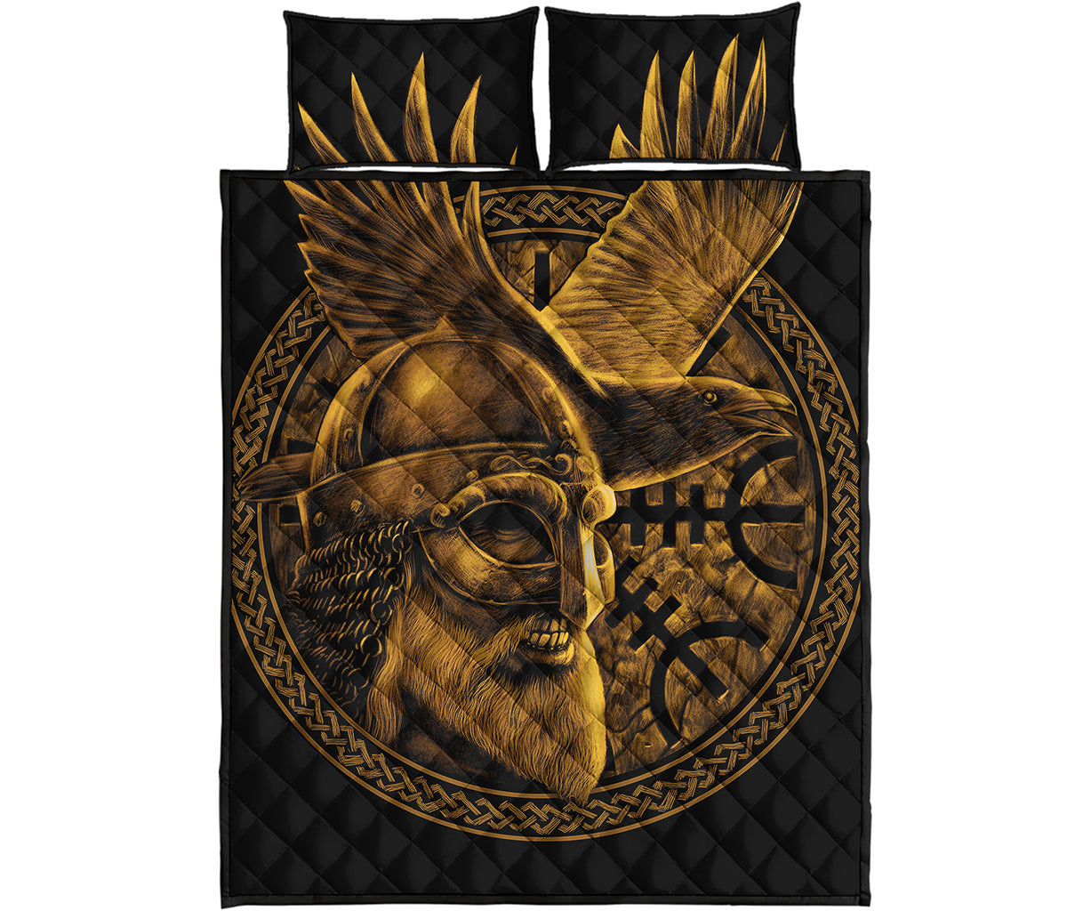 Gold Viking God Odin And Crow Print Quilt Bed Set