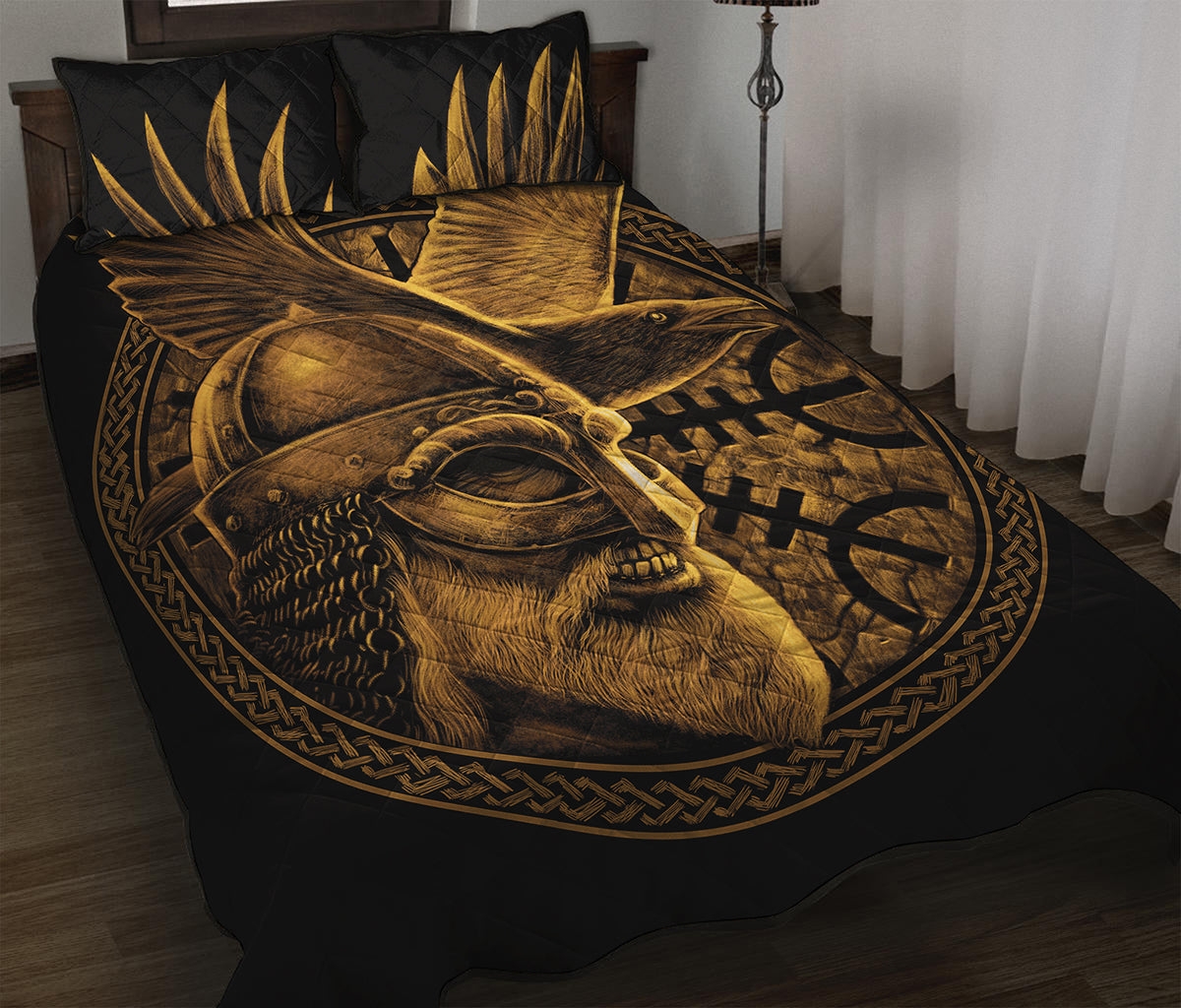 Gold Viking God Odin And Crow Print Quilt Bed Set