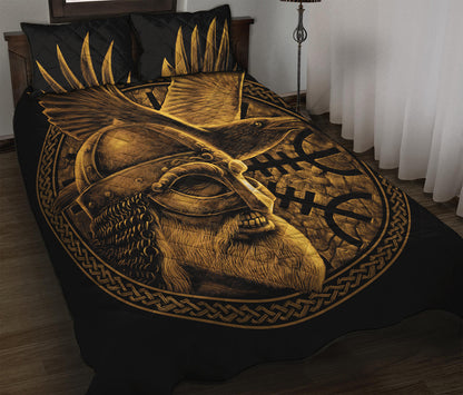 Gold Viking God Odin And Crow Print Quilt Bed Set