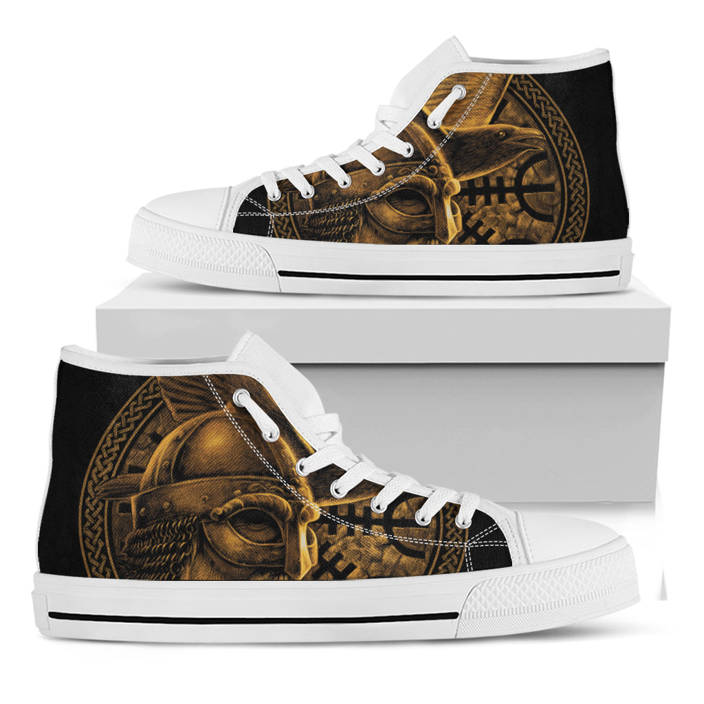 Gold Viking God Odin And Crow Print White High Top Shoes