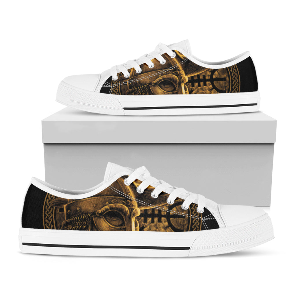 Gold Viking God Odin And Crow Print White Low Top Shoes