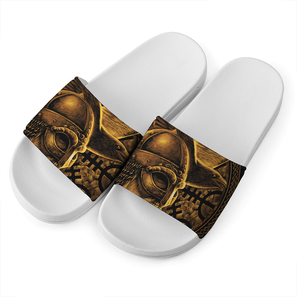 Gold Viking God Odin And Crow Print White Slide Sandals