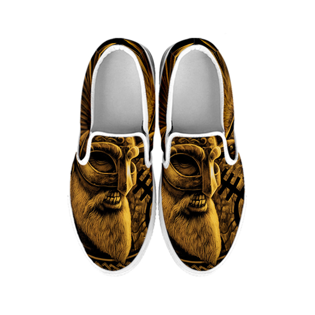 Gold Viking God Odin And Crow Print White Slip On Shoes