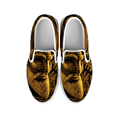 Gold Viking God Odin And Crow Print White Slip On Shoes