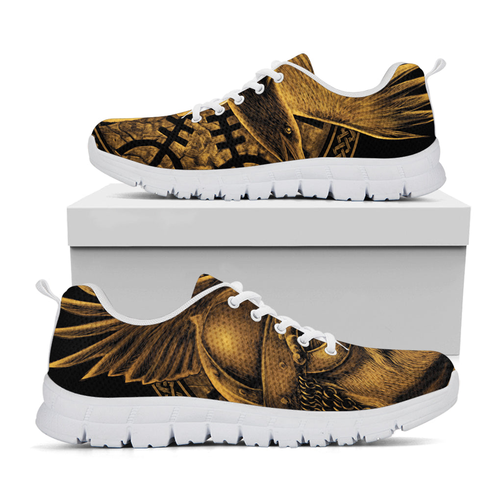 Gold Viking God Odin And Crow Print White Sneakers
