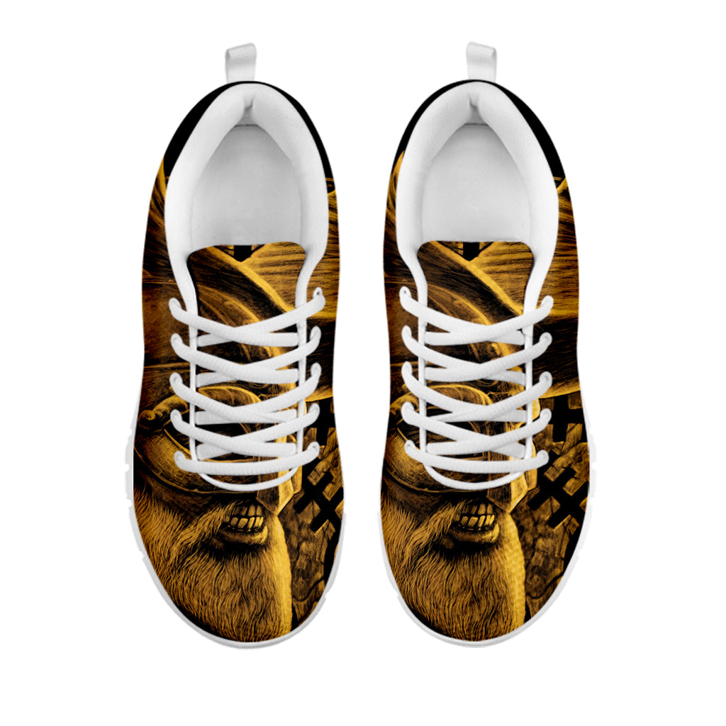 Gold Viking God Odin And Crow Print White Sneakers