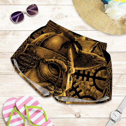 Gold Viking God Odin And Crow Print Women's Shorts