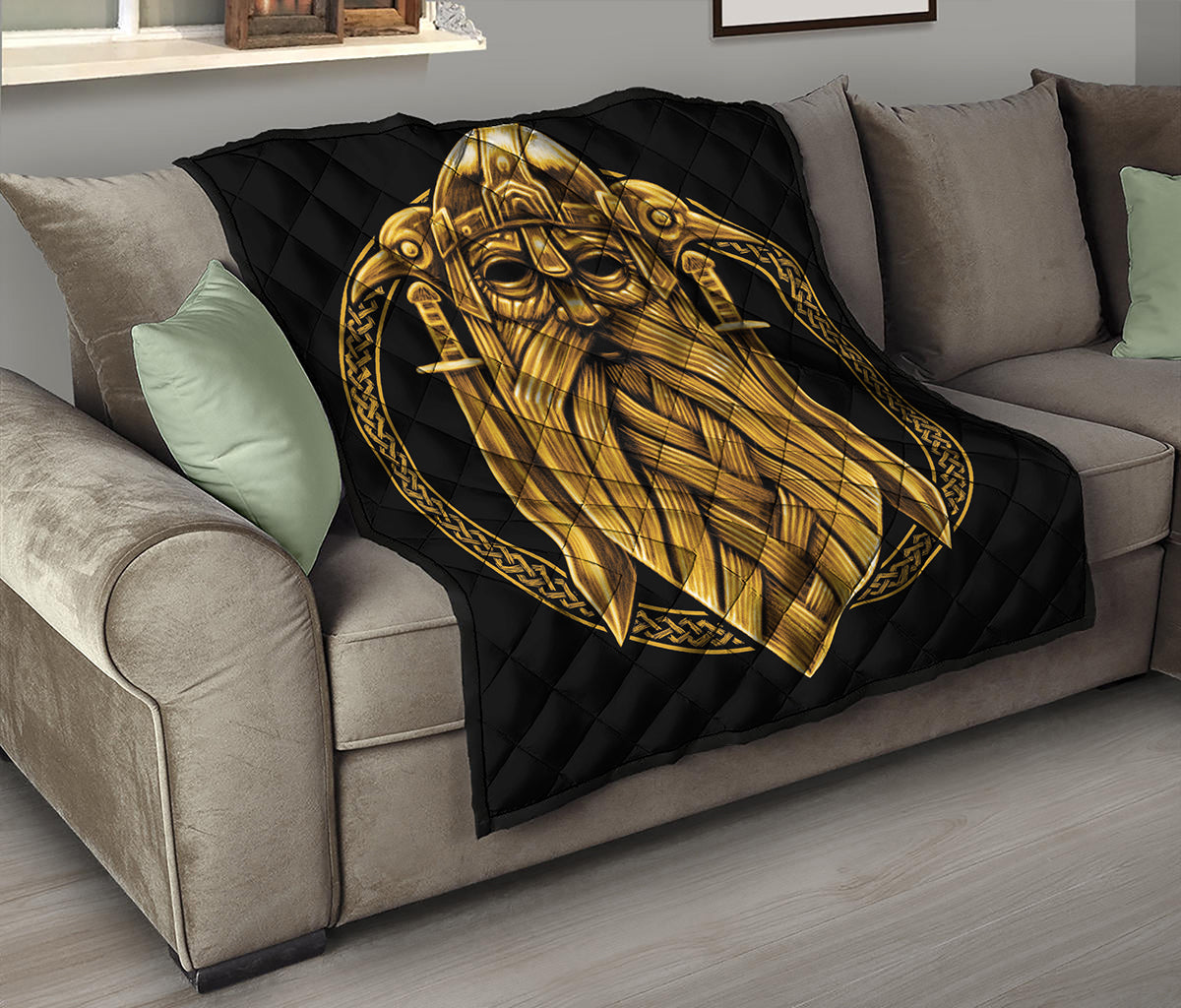 Gold Viking Norse God Odin Print Quilt