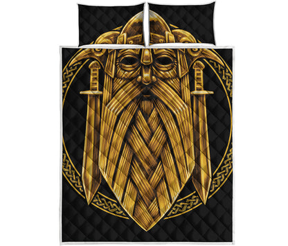 Gold Viking Norse God Odin Print Quilt Bed Set