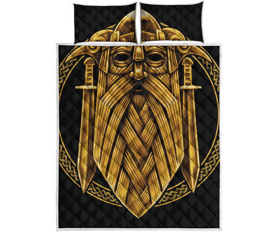 Gold Viking Norse God Odin Print Quilt Bed Set