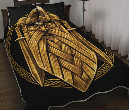 Gold Viking Norse God Odin Print Quilt Bed Set