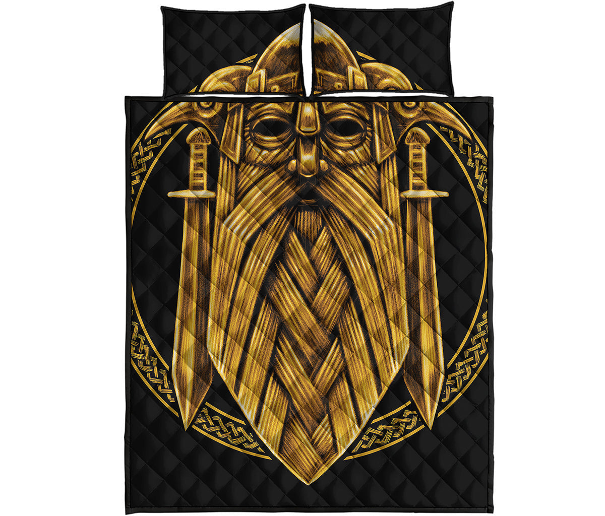 Gold Viking Norse God Odin Print Quilt Bed Set