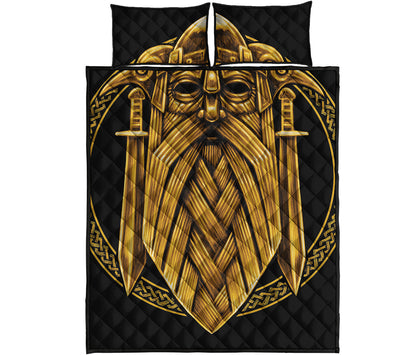 Gold Viking Norse God Odin Print Quilt Bed Set
