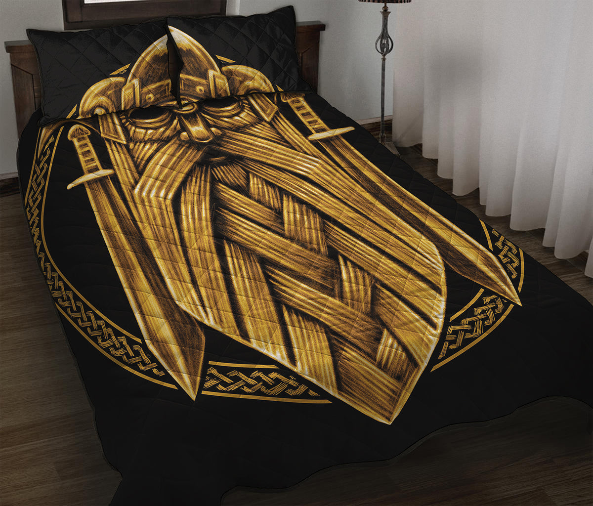 Gold Viking Norse God Odin Print Quilt Bed Set