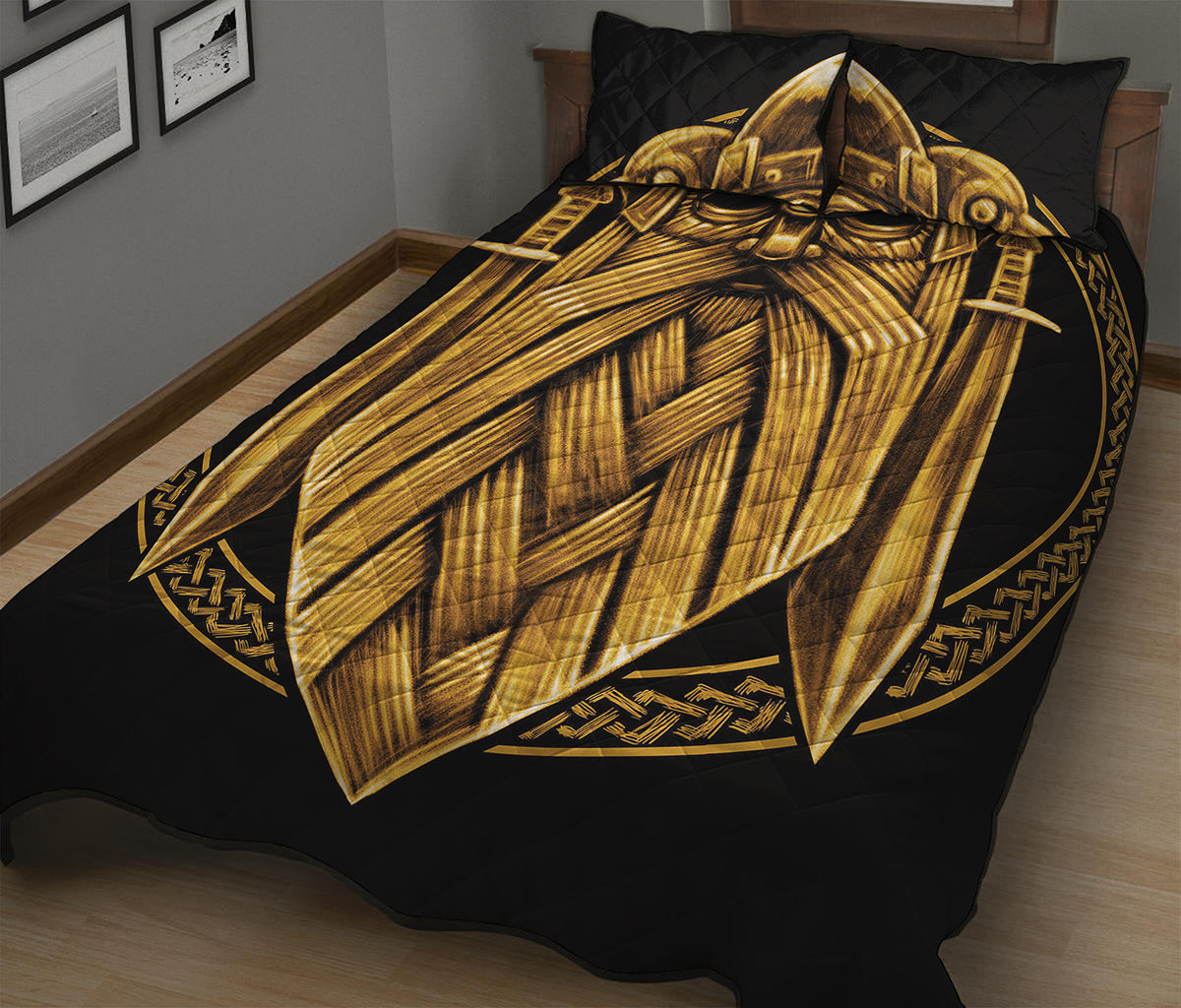 Gold Viking Norse God Odin Print Quilt Bed Set
