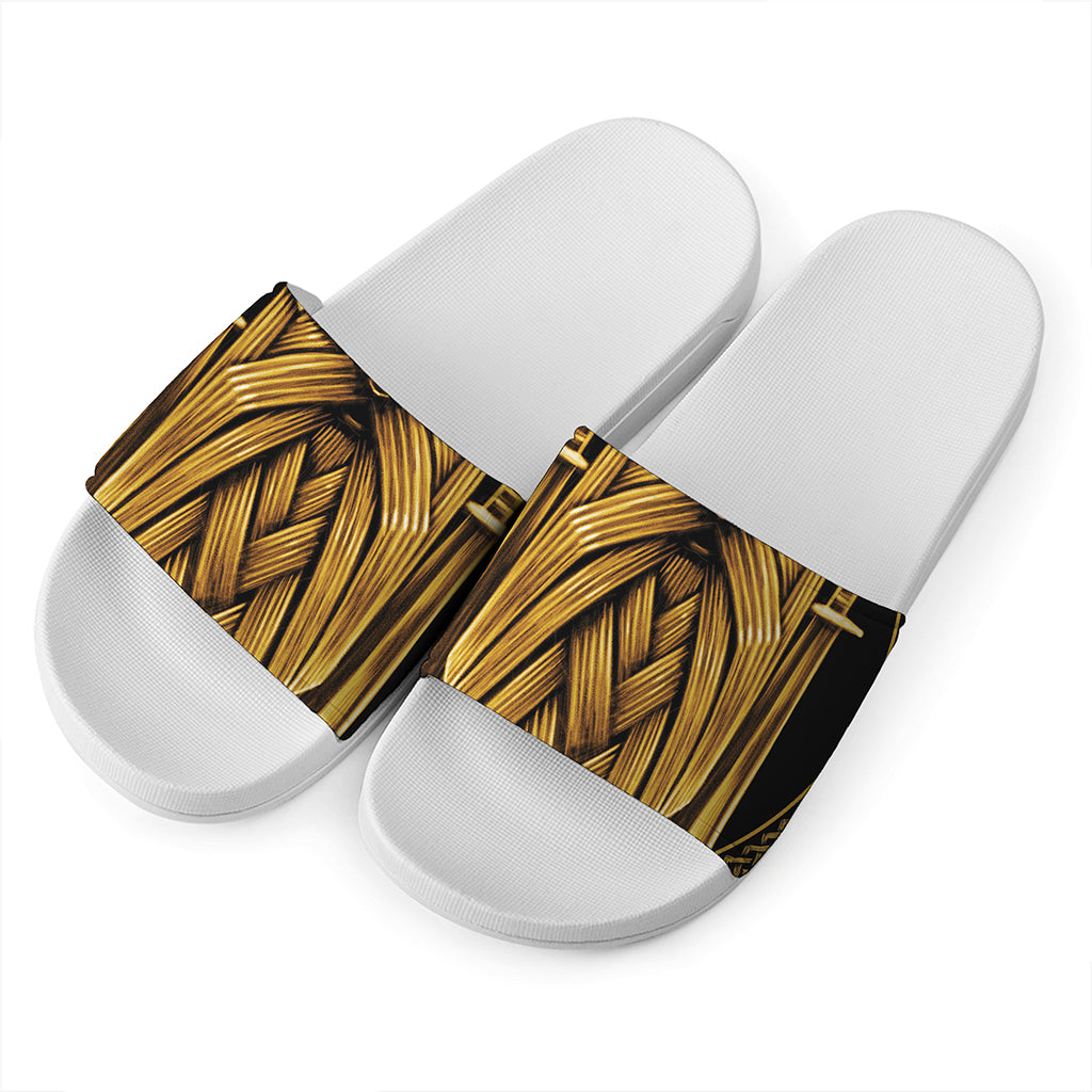 Gold Viking Norse God Odin Print White Slide Sandals