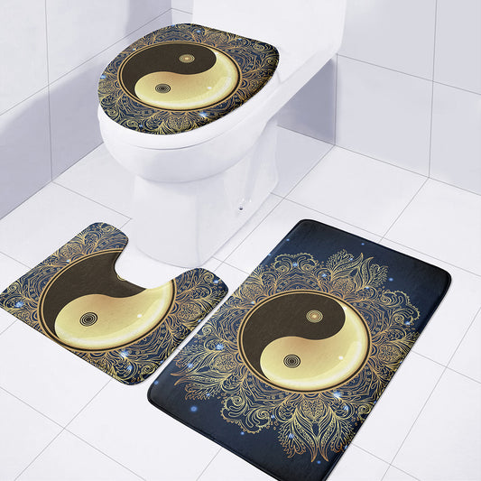 Gold Yin Yang Mandala Print 3 Piece Bath Mat Set