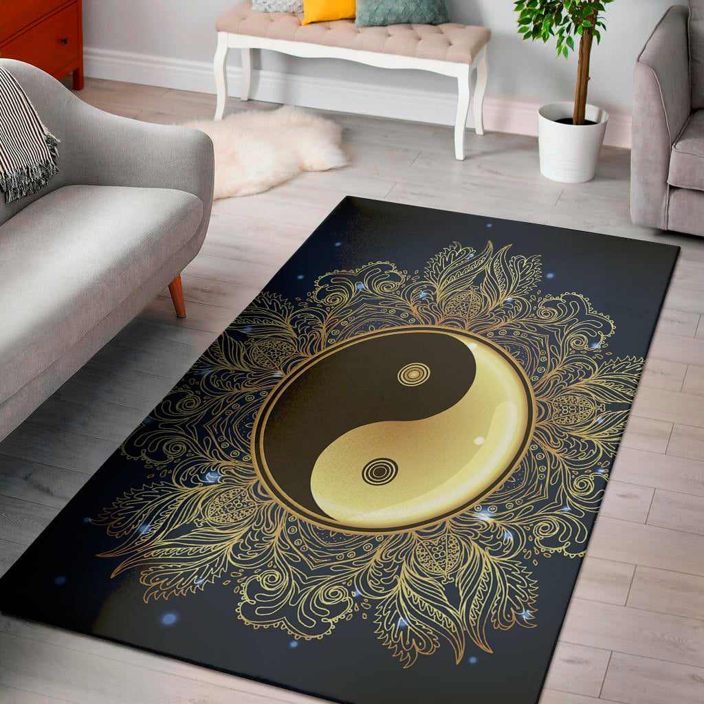 Gold Yin Yang Mandala Print Area Rug
