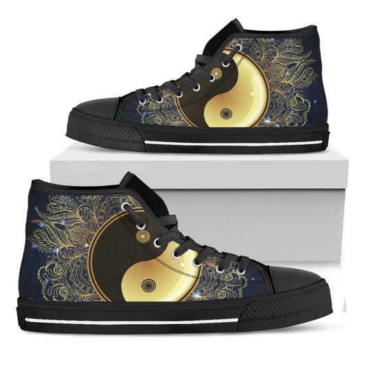 Gold Yin Yang Mandala Print Black High Top Shoes