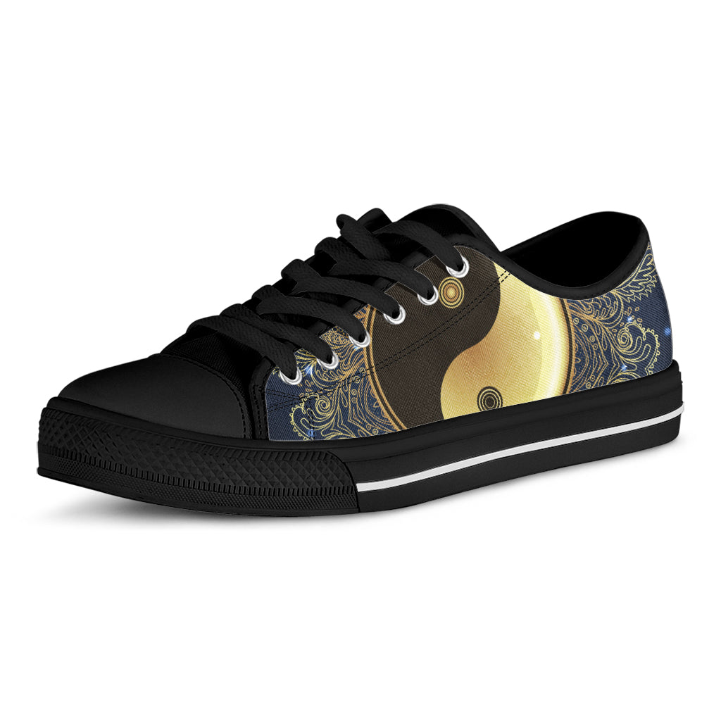 Gold Yin Yang Mandala Print Black Low Top Shoes 