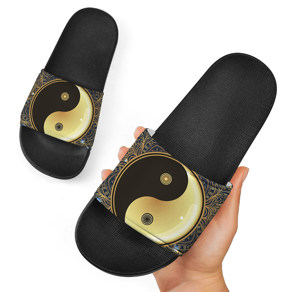Gold Yin Yang Mandala Print Black Slide Sandals