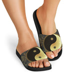 Gold Yin Yang Mandala Print Black Slide Sandals