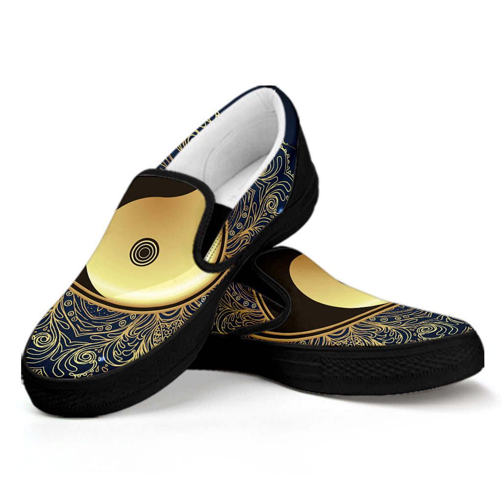 Gold Yin Yang Mandala Print Black Slip On Shoes