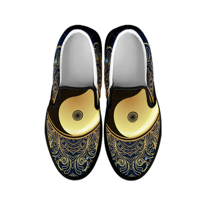 Gold Yin Yang Mandala Print Black Slip On Shoes