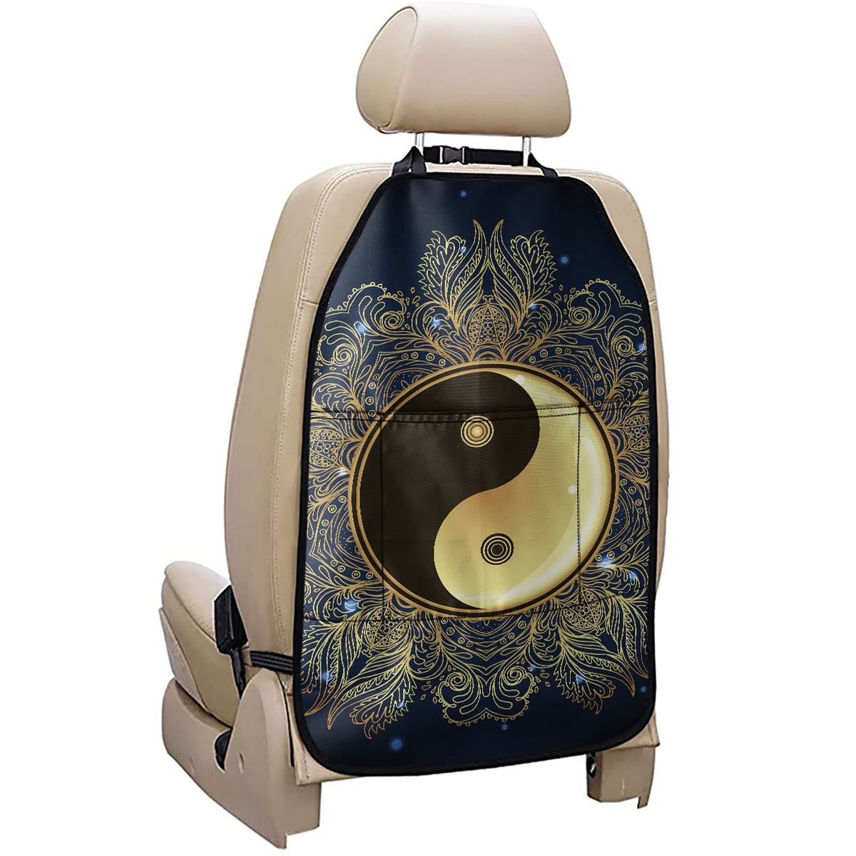 Gold Yin Yang Mandala Print Car Seat Organizers