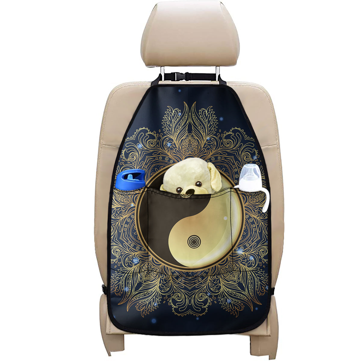 Gold Yin Yang Mandala Print Car Seat Organizers