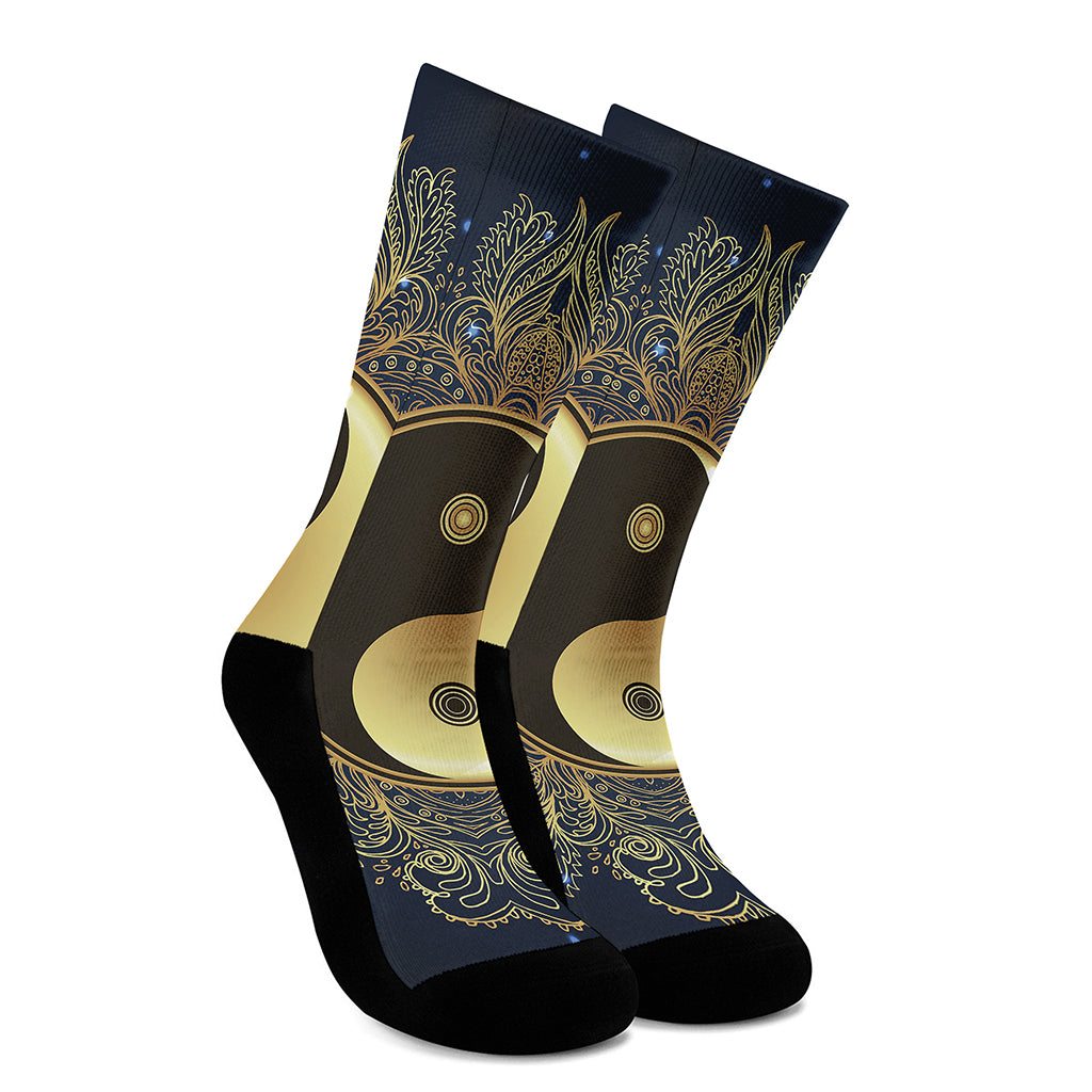 Gold Yin Yang Mandala Print Crew Socks