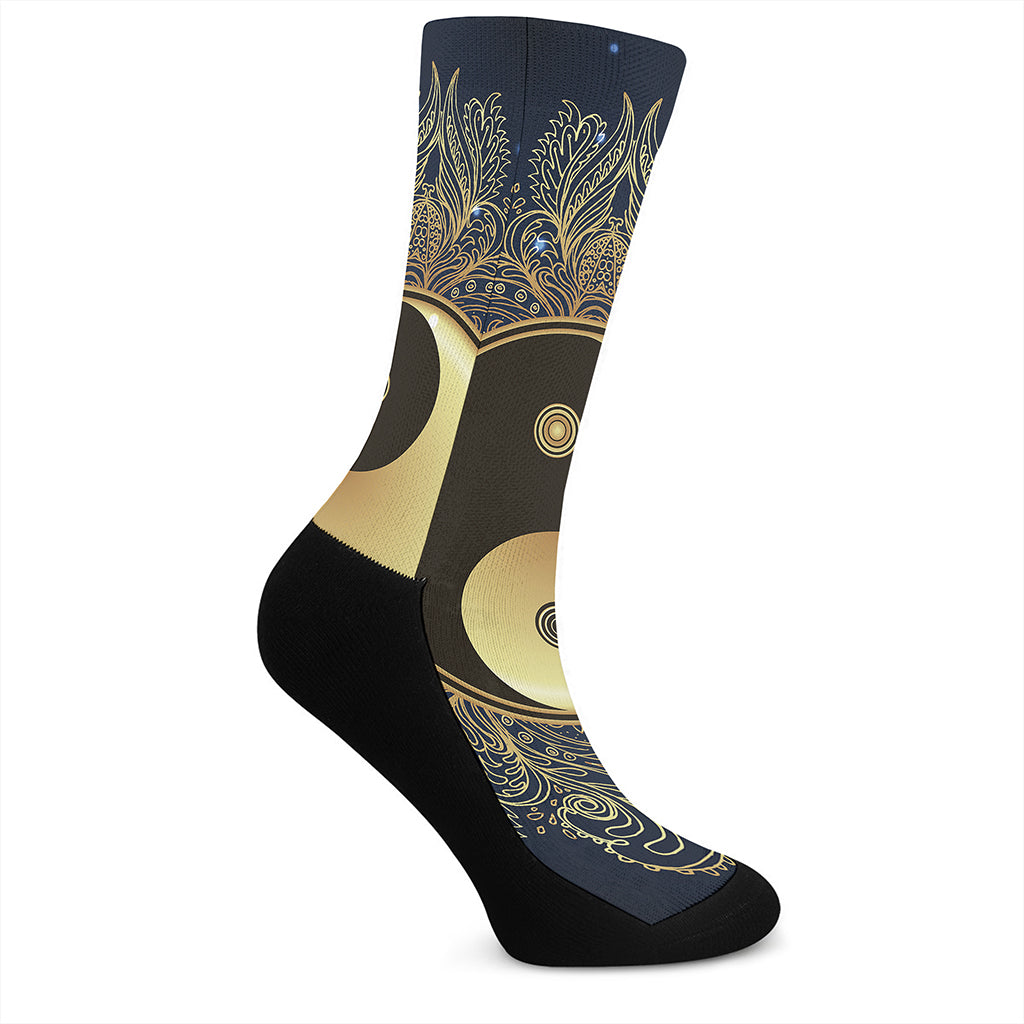 Gold Yin Yang Mandala Print Crew Socks