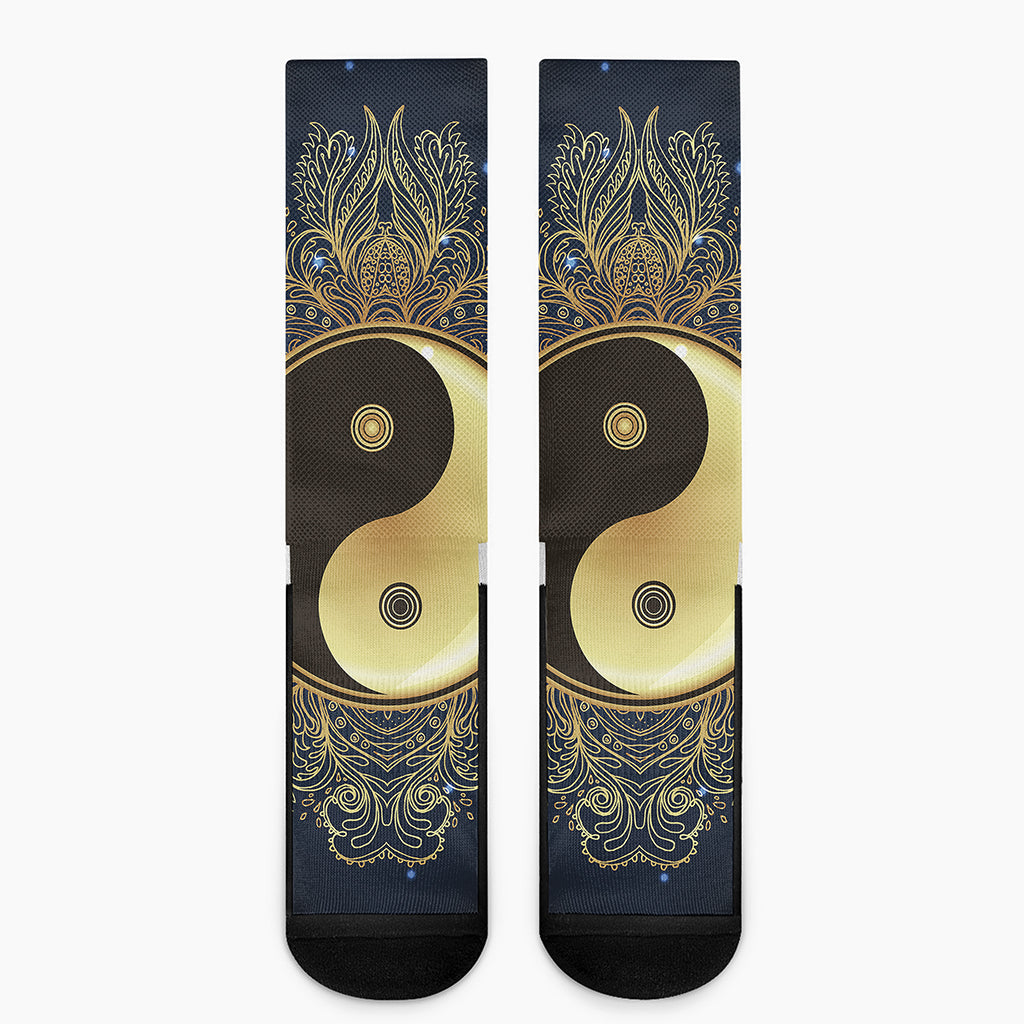 Gold Yin Yang Mandala Print Crew Socks