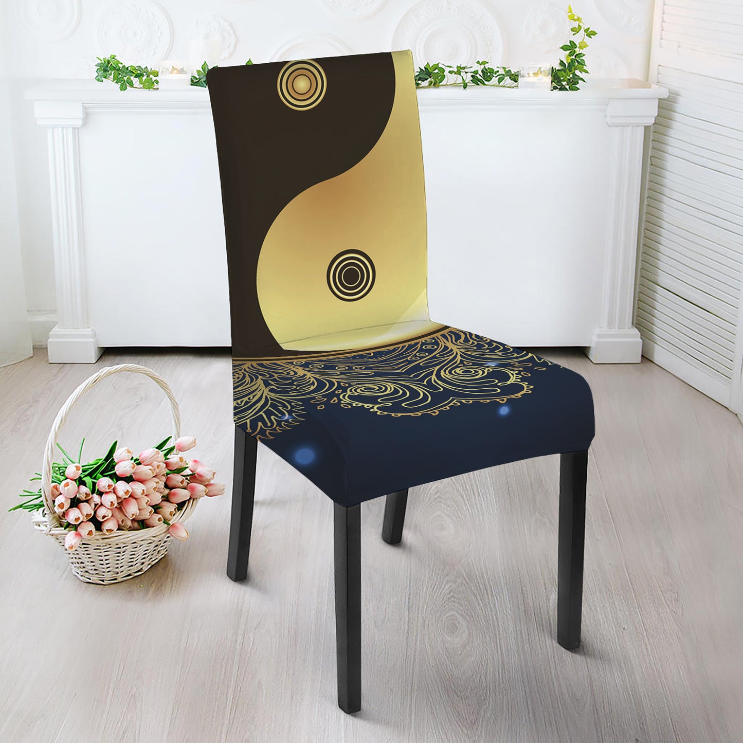 Gold Yin Yang Mandala Print Dining Chair Slipcover