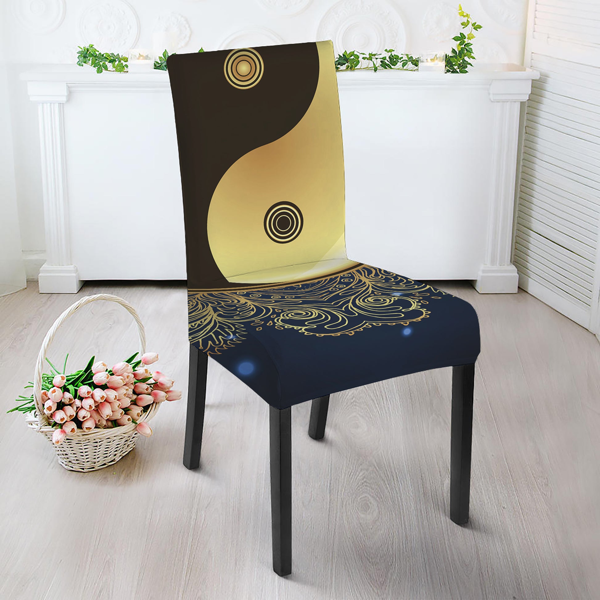 Gold Yin Yang Mandala Print Dining Chair Slipcover