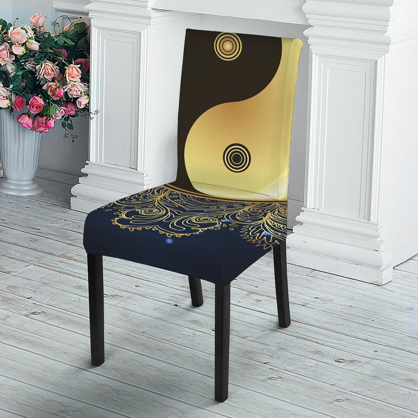 Gold Yin Yang Mandala Print Dining Chair Slipcover
