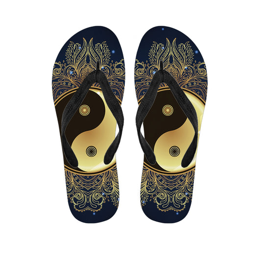Gold Yin Yang Mandala Print Flip Flops