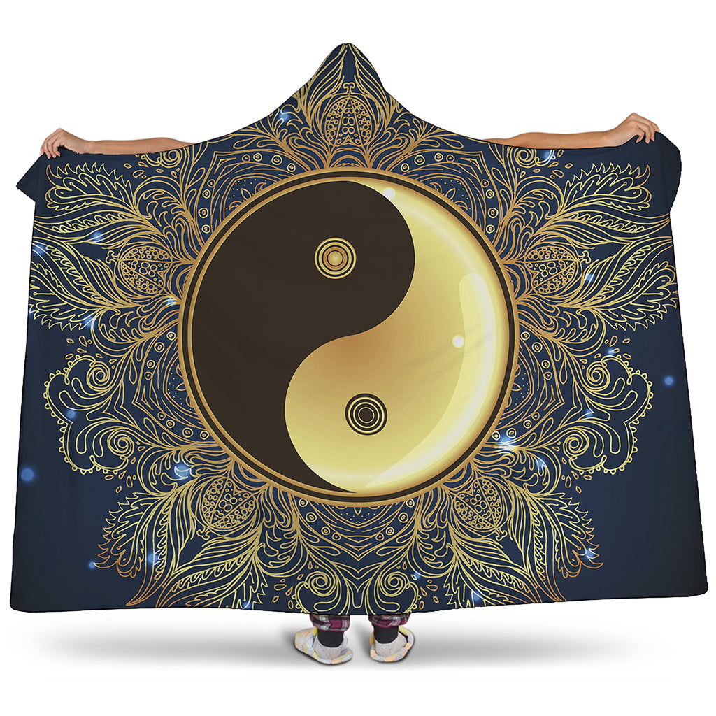 Gold Yin Yang Mandala Print Hooded Blanket