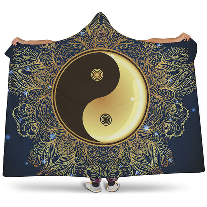 Gold Yin Yang Mandala Print Hooded Blanket