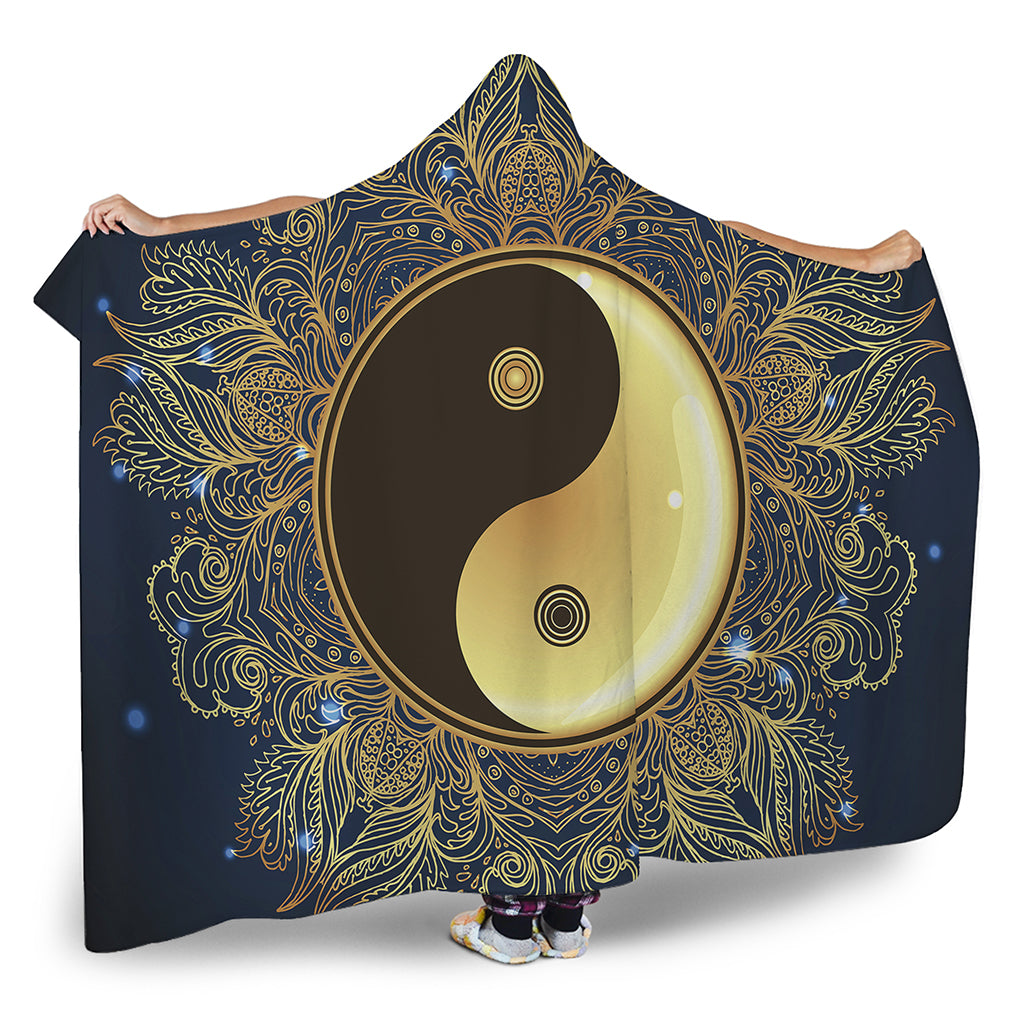 Gold Yin Yang Mandala Print Hooded Blanket