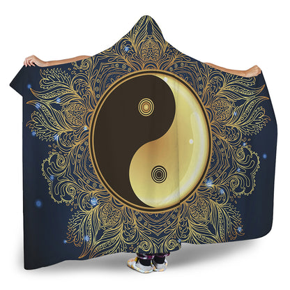 Gold Yin Yang Mandala Print Hooded Blanket