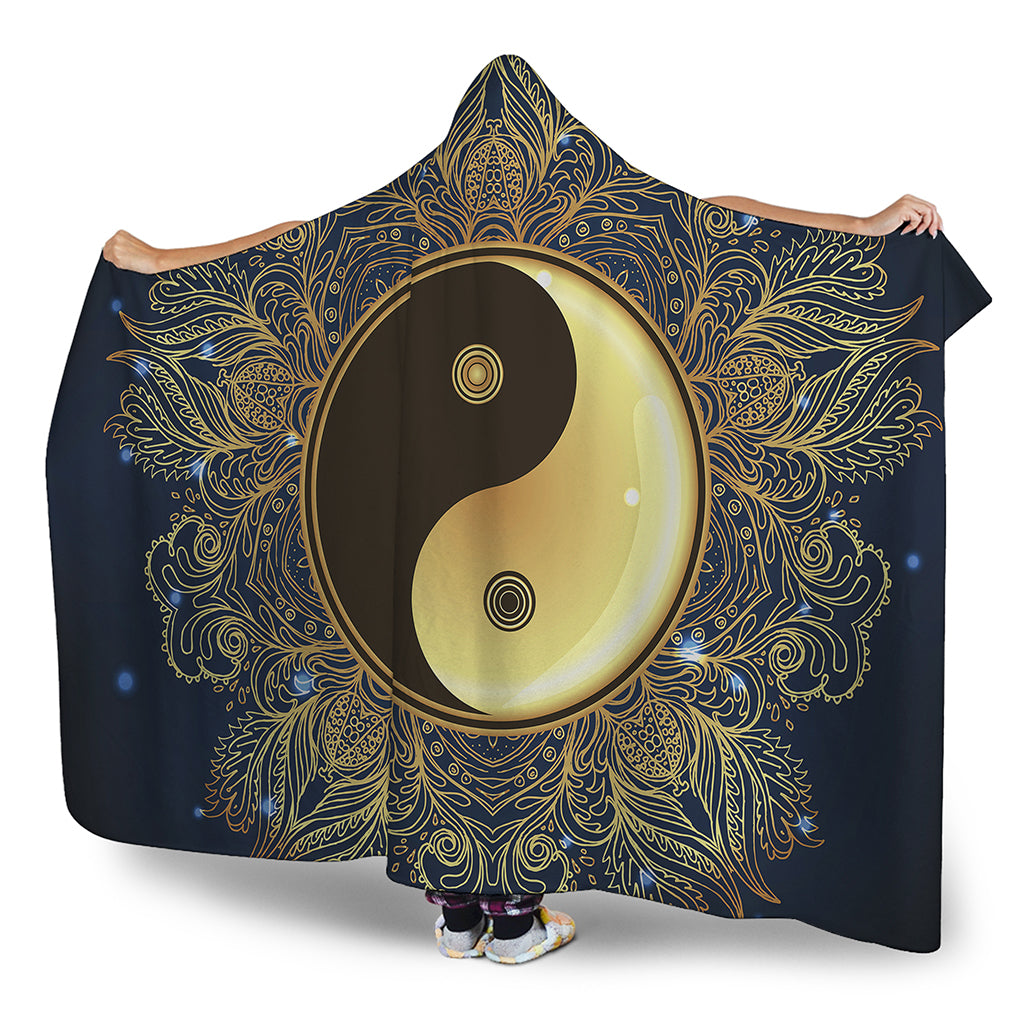 Gold Yin Yang Mandala Print Hooded Blanket