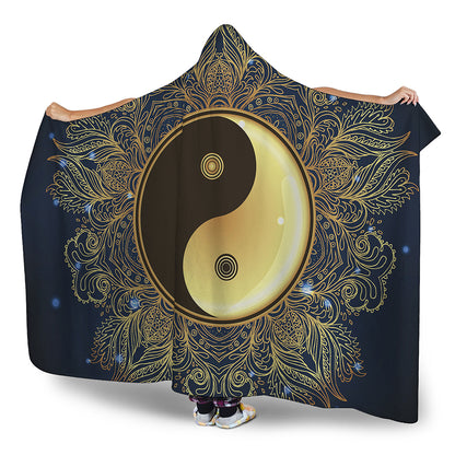 Gold Yin Yang Mandala Print Hooded Blanket