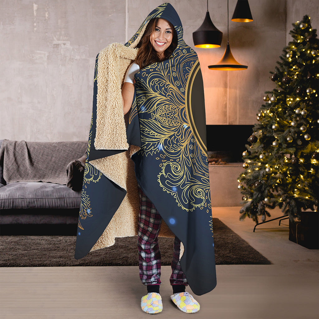 Gold Yin Yang Mandala Print Hooded Blanket