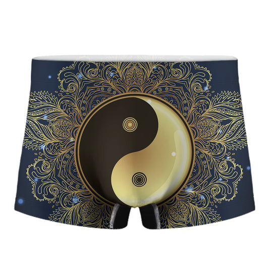 Gold Yin Yang Mandala Print Men's Boxer Briefs