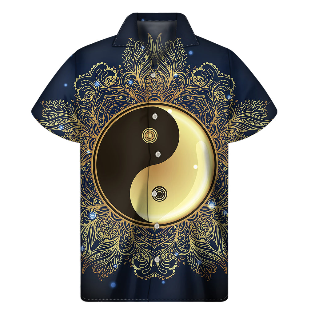 Gold Yin Yang Mandala Print Men's Short Sleeve Shirt