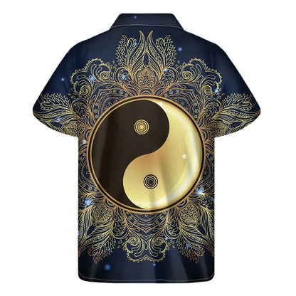 Gold Yin Yang Mandala Print Men's Short Sleeve Shirt