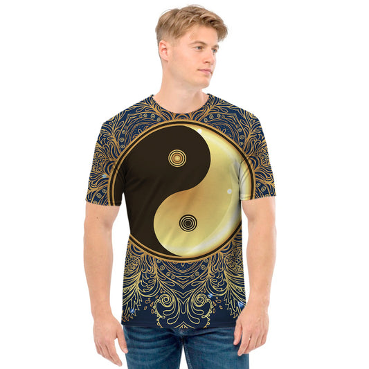 Gold Yin Yang Mandala Print Men's T-Shirt