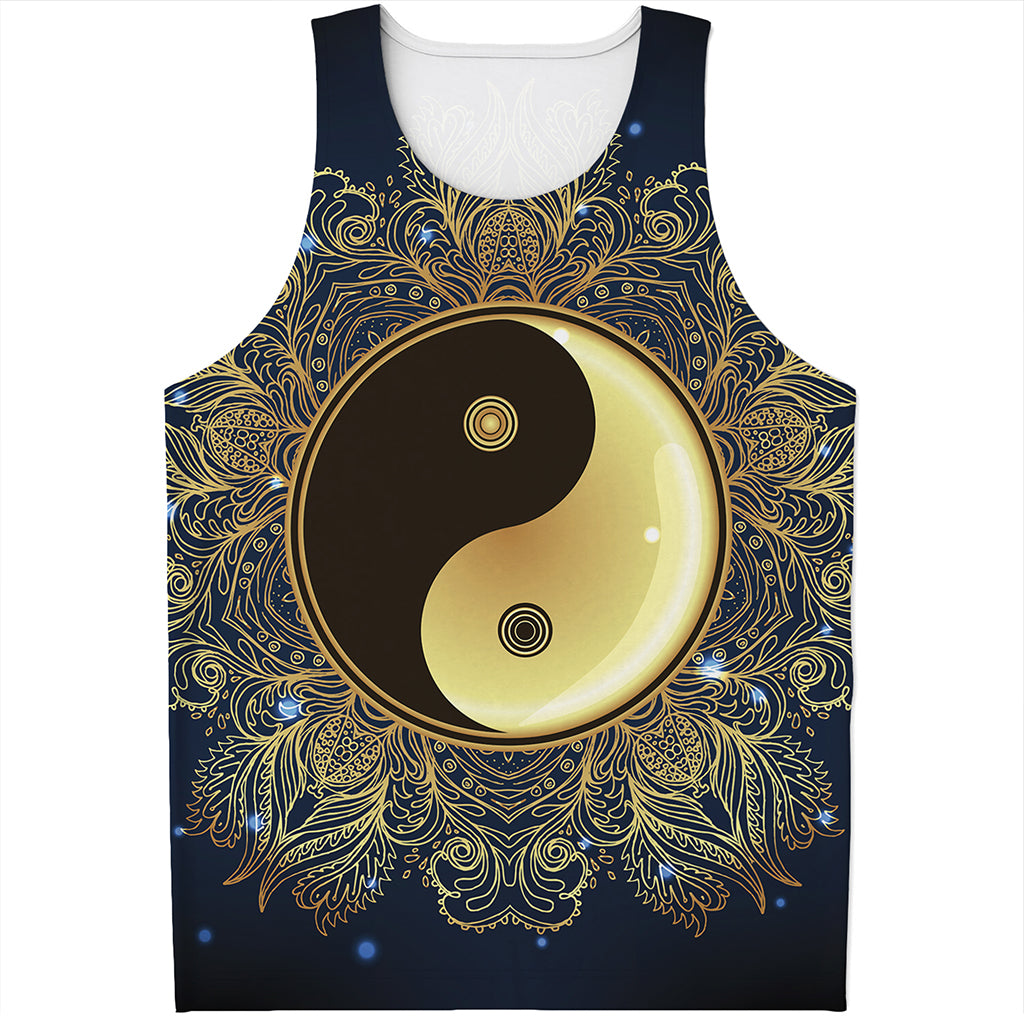 Gold Yin Yang Mandala Print Men's Tank Top
